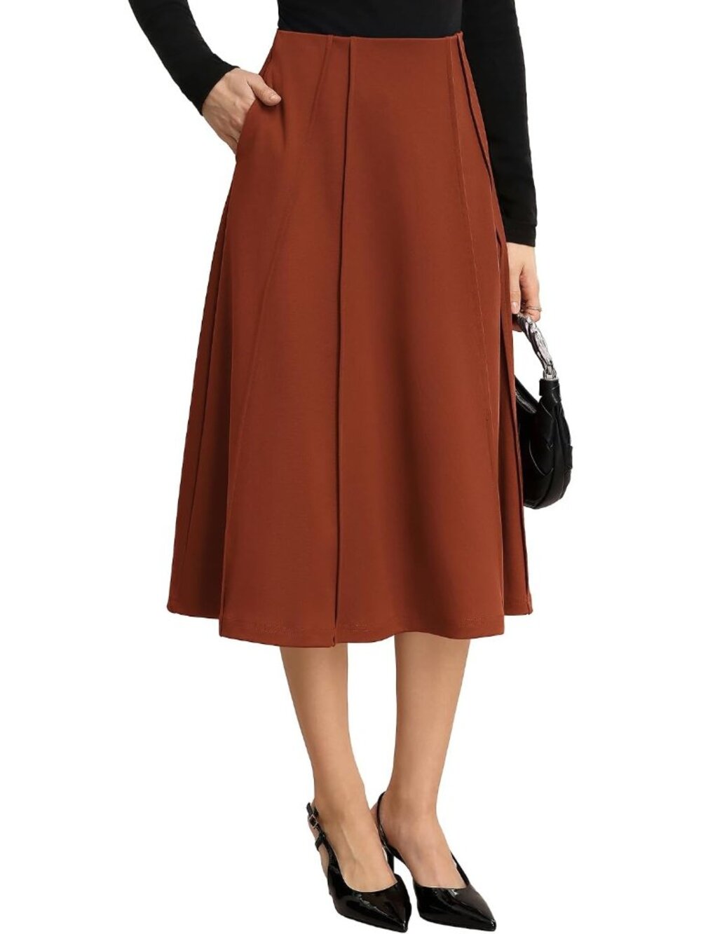 Women's Orange Panel-pleated High-waisted Deep Side Pockets A Line Flowy Skirt
